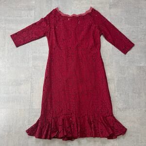 Xingchenkaiyi Red Lace Sheath Dress Womens XL 3/4 Sleeve Ruffle Hem Boat Neck
